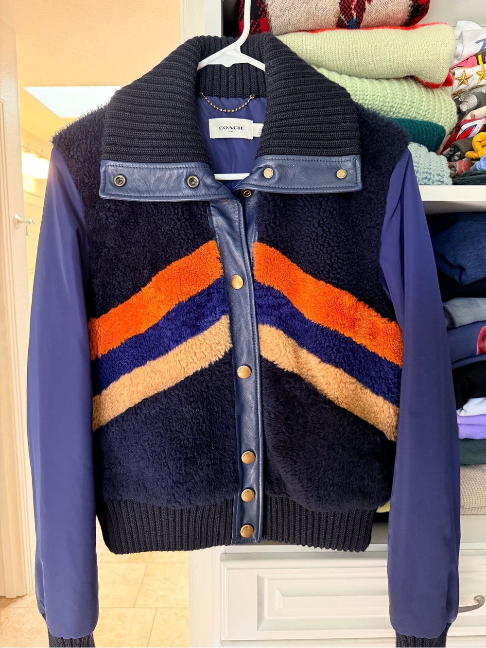 Vintage Coach Lamb Shearling Chevron Bomber Jacket with Lamb Leather